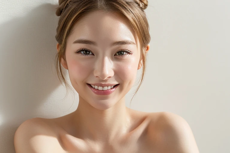 Highest quality, Tabletop, Very detailed,Realistic, whole body, (naked:1.1,) ,(25-year-old woman in Japan:1.3)、Beautiful detailed face, White wall, ((Blonde 1.3))、((Updo)), Ultra-high resolution, (realism: 1.4), Beautiful Face, An innocent smile, No makeup、(Belly Piercing)
