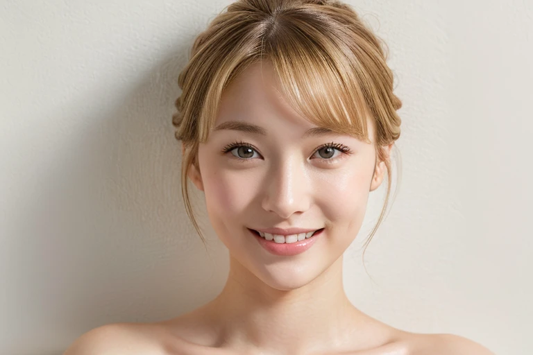 Highest quality, Tabletop, Very detailed,Realistic, whole body, (naked:1.1,) ,(25-year-old woman in Japan:1.3)、Beautiful detailed face, White wall, ((Blonde 1.3))、((Updo)), Ultra-high resolution, (realism: 1.4), Beautiful Face, An innocent smile, No makeup、(Belly Piercing)
