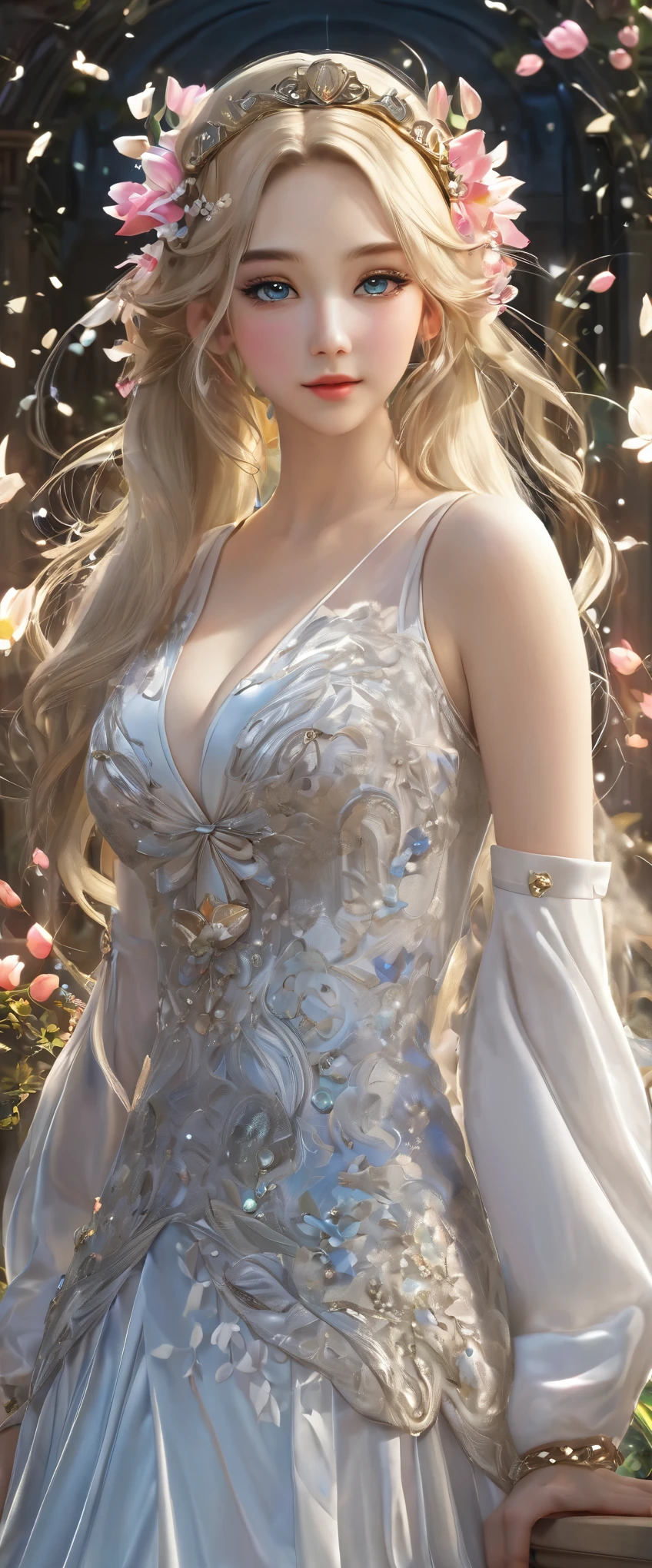 8k resolution, masterpiece, Highest quality, Award-winning works, unrealistic, sole Sexy lady, doaxvv_amy, healthy shaped body, 18-year-old, Height: 158cm, Her measurements are B/W55/H88, Blonde long hair, Twin ponytail, break, Mysterious big blue eyes, Standard nose, eyeliner, Pink Lips, hair band, Big, firm, bouncy breasts, Sexy, Beautiful Skin, A pure white school dress with a complex structure, royal coat of arms, elegant, Very detailed, Digital Painting, artステーションコンセプトart, Smooth, Sharp focus, shape, artジャム、Greg Rutkowski、Alphonse Mucha、William Adolphe Bouguereau、art:Stephanie Law , Royal Jewel, nature, Full Shot, Symmetric, Greg Rutkowski, Charlie Bowwater, beep, Unreal 5, Surreal, Dynamic Lighting, ファンタジーart, Complex colors, Colorful magic circle, flash, dynamic Sexy poses, A kind smile, Mysterious Background, aura, A gentle gaze, break, Small faint lights and flying fireflies, night, lanthanum, Tulip bouquet