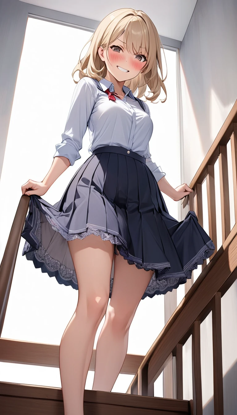 High school girl climbing the stairs, alone, Attractive mature appearance, Turn your back and look at me, (Hold down a mid-length skirt with both hands:1.5, So that underwear is not visible), Detailed and accurate, Blake, a lovely look of disgust., Mischievous Smile, blush, (Low angle shot:1.4), ARW, Cute embarrassment, Hold down the skirt, I can see your pants、lingerie、パンツが見えている、アンダーランジェリー、ピンク色のパンティ、ランダムヘアースタイル