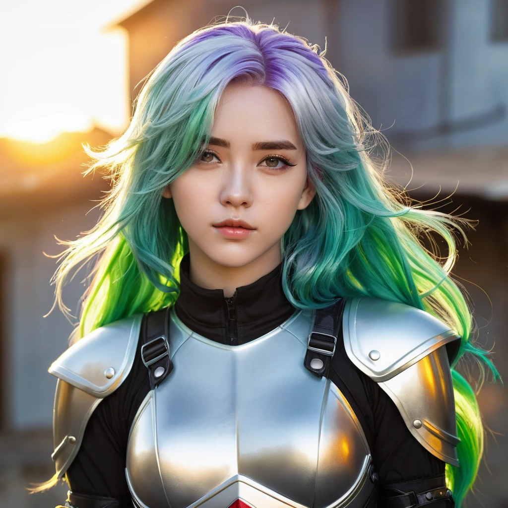 ((lol: 1.2 + Galen: 1.3), realistic art style), HD, dynamic angle, dynamic pose, summer, sweat, white cloth, (silver hair: 1.2 + yellow hair: 1.2+ white hair: 1.2+ black hair: 1.2 + red hair: 1.2 + blue hair: 1.2 + purple hair: 1.2 + green hair: 1.2), front light in the sun, sunset glow, metal armor, real texture, fine details, watercolor polish.