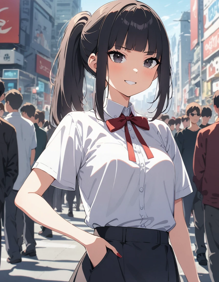 masterpiece,best quality:1.2, flat, deluster:1.5, boldline:1.3, (Manga style:1.2), day time, (solo girl), (18years old),grin:1.2, (Slender), middle breasts, black hair, blunt bangs, ponytail, ((cool black eyes)),(evil eyes), (standing in crowd city),(be looked audience)),(red ribbon)