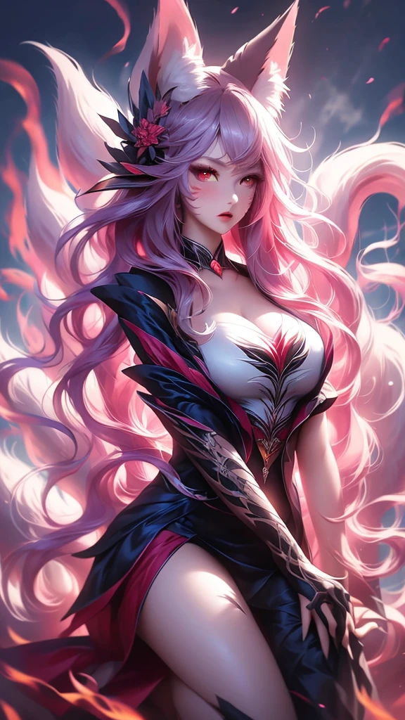 Office, beautiful, serious, beautiful Japanese-style nine-tailed demon fox woman, with a pair of charming eyes, long hair shawl, wearing a women's suit, sitting in front of Zhuo Internet