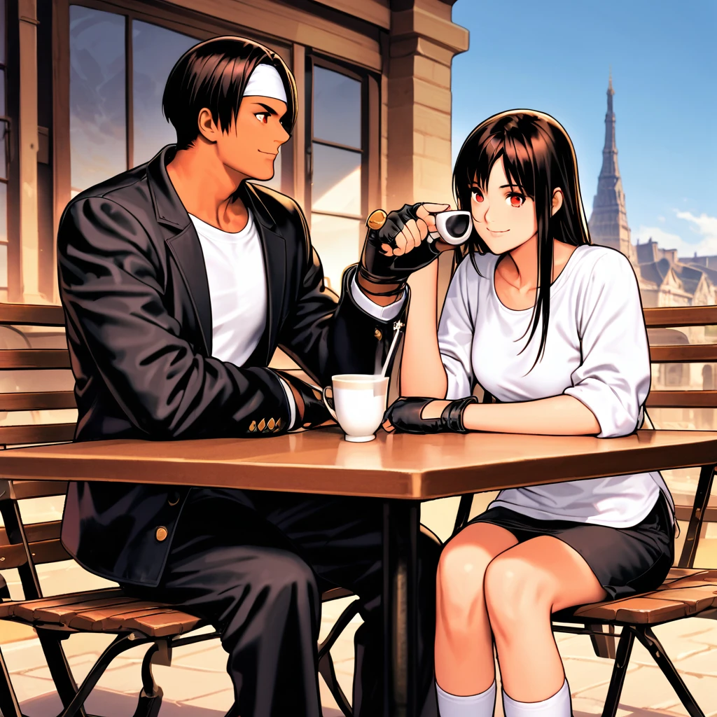 Orochikyo、Dark Skin、2 people、Red eyes、Black jacket(Rolled up sleeves)、Fingerless gloves、Black Hair、White T-shirt、((White headband))、Black pants、White shoes、Brown belt、good looking、shot、Charm、masterpiece、High resolution、Detailed face、Fine grain、morning、Sky、A confident smile、Lovers with Place de la Bourse in the background、Dining on the outdoor terrace、Smiling man and woman、France、Sitting with legs crossed、Drinking tea