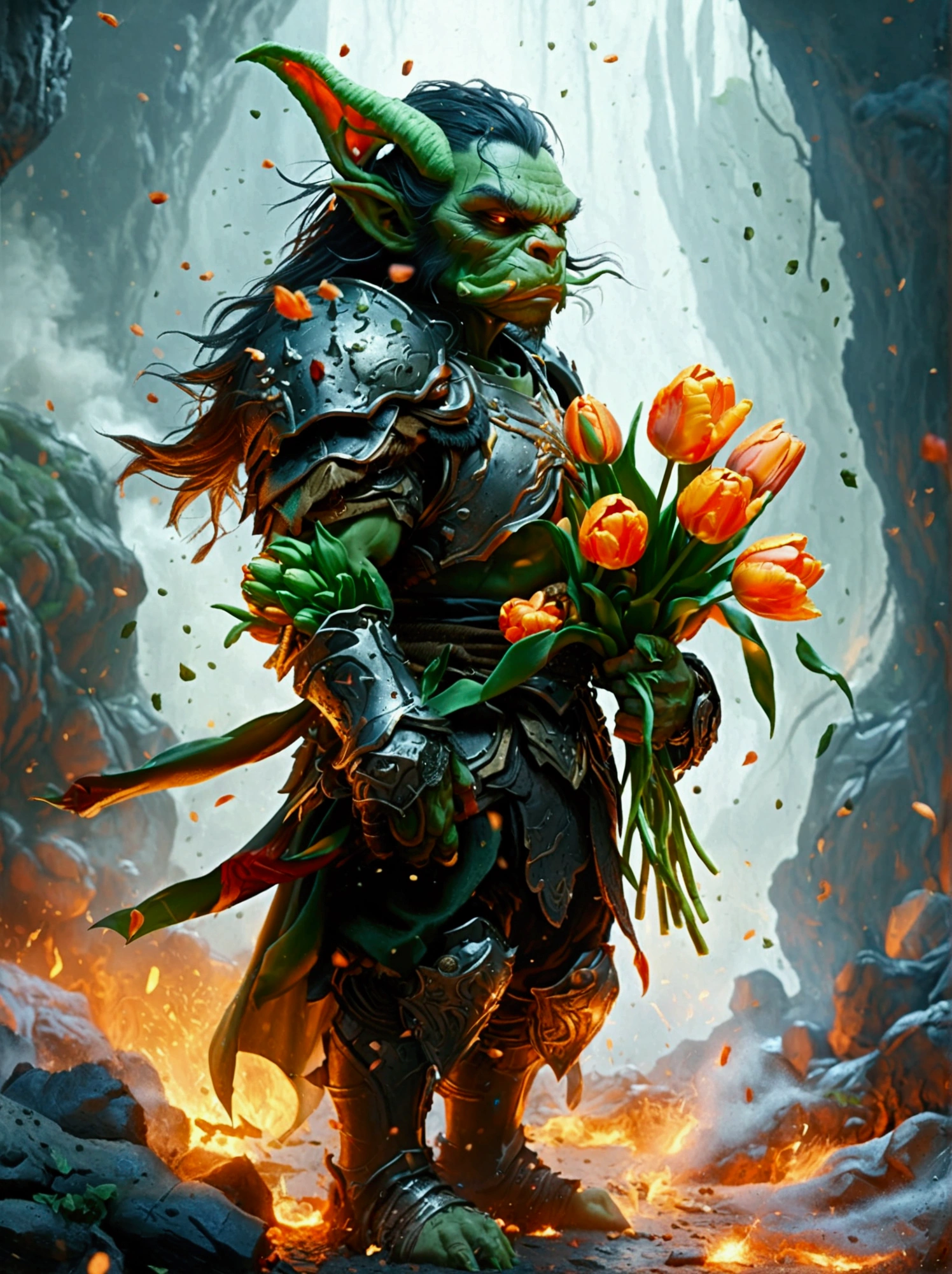 This is a scene from a fantasy world.，Depicts an orc warrior。He is muscular，green skin，Wearing heavy armor。((He holds a beautiful bouquet of tulips in his hands))，((Beautiful tulips))。He stood proudly in front of a turbulent volcanic backdrop，Surrounded by smoky plumes and hot lava particles。This picture should be designed in anime style，Includes vivid color contrasts and intricate details，This style was inspired by early Japanese animation。The name &quot;Soggo&quot; should be in an artistic anime-style font，Show it boldly