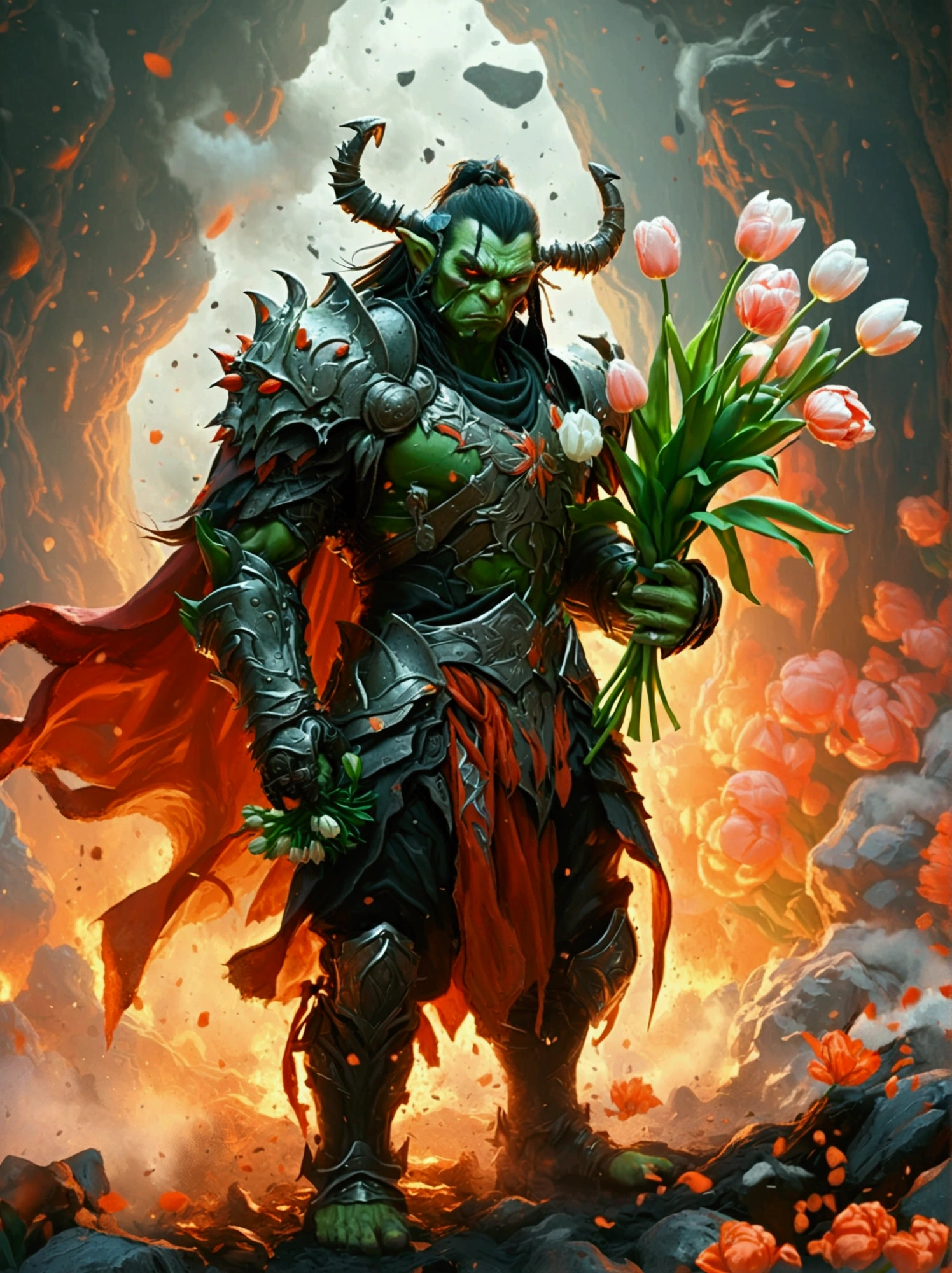 This is a scene from a fantasy world.，Depicts an orc warrior。He is muscular，green skin，Wearing heavy armor。((He holds a beautiful bouquet of tulips in his hands))，((Beautiful tulips))。He stood proudly in front of a turbulent volcanic backdrop，Surrounded by smoky plumes and hot lava particles。This picture should be designed in anime style，Includes vivid color contrasts and intricate details，This style was inspired by early Japanese animation。The name &quot;Soggo&quot; should be in an artistic anime-style font，Show it boldly