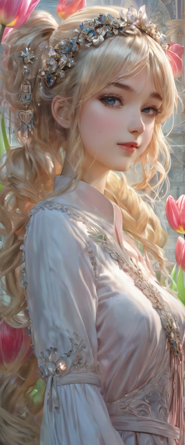 8k resolution, masterpiece, Highest quality, Award-winning works, unrealistic, sole Sexy lady, doaxvv_amy, healthy shaped body, 18-year-old, Height: 158cm, Her measurements are B/W55/H88, Blonde long hair, Twin ponytail, break, Mysterious big blue eyes, Standard nose, eyeliner, Pink Lips,  hair band, super huge bouncing busts, Sexy, Beautiful Skin, A pure white school dress with a complex structure, royal coat of arms, elegant, Very detailed, Digital Painting, artステーションコンセプトart, Smooth, Sharp focus, shape, artジャム、Greg Rutkowski、Alphonse Mucha、William Adolphe Bouguereau、art：Stephanie Law , Royal Jewel, nature, Full Shot, Symmetric, Greg Rutkowski, Charlie Bowwater, beep, Unreal 5, Surreal, Dynamic Lighting, ファンタジーart, Complex colors, Colorful magic circle, flash, dynamic Sexy poses, A kind smile, Mysterious Background, aura, A gentle gaze, break, Small faint lights and flying fireflies, night, lanthanum, (Tulip bouquet:1.3)