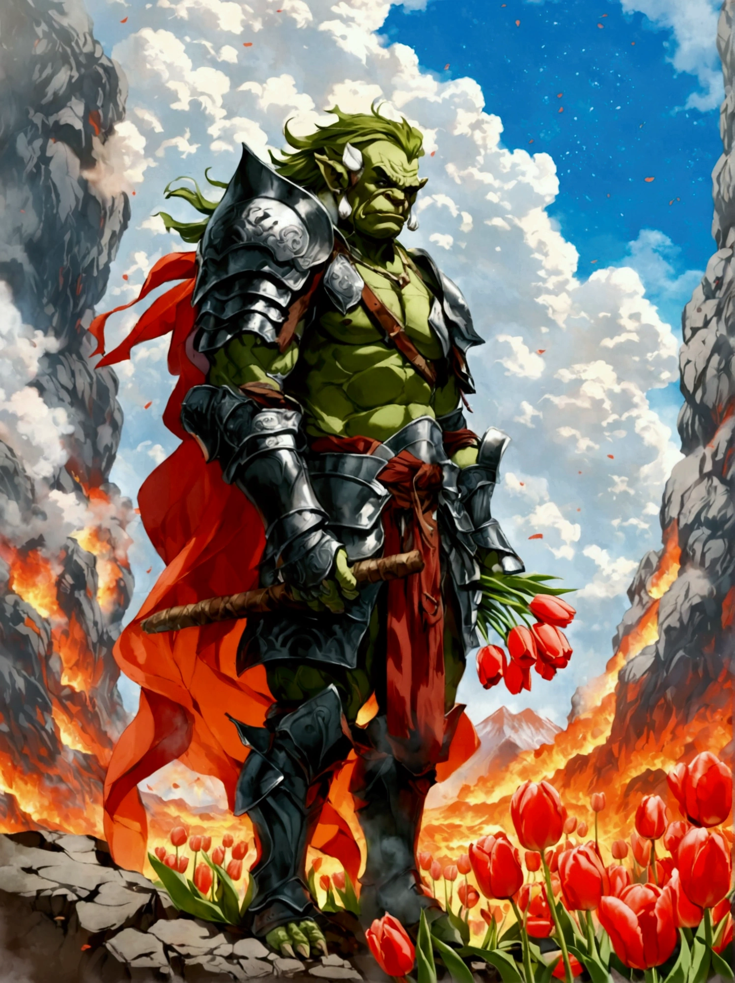 This is a scene from a fantasy world.，Depicts an orc warrior。He is muscular，green skin，Wearing heavy armor。((He holds a beautiful bouquet of tulips in his hands))，((Beautiful tulips))。He stood proudly in front of a turbulent volcanic backdrop，Surrounded by smoky plumes and hot lava particles。This picture should be designed in anime style，Includes vivid color contrasts and intricate details，This style was inspired by early Japanese animation。The name &quot;Soggo&quot; should be in an artistic anime-style font，Show it boldly