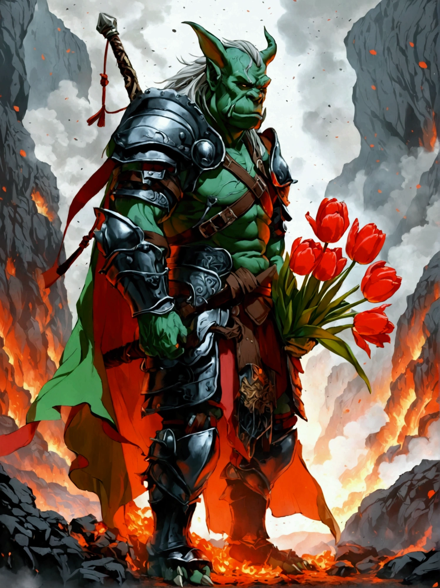 This is a scene from a fantasy world.，Depicts an orc warrior。He is muscular，green skin，Wearing heavy armor。((He holds a beautiful bouquet of tulips in his hands))，((Beautiful tulips))。He stood proudly in front of a turbulent volcanic backdrop，Surrounded by smoky plumes and hot lava particles。This picture should be designed in anime style，Includes vivid color contrasts and intricate details，This style was inspired by early Japanese animation。The name &quot;Soggo&quot; should be in an artistic anime-style font，Show it boldly