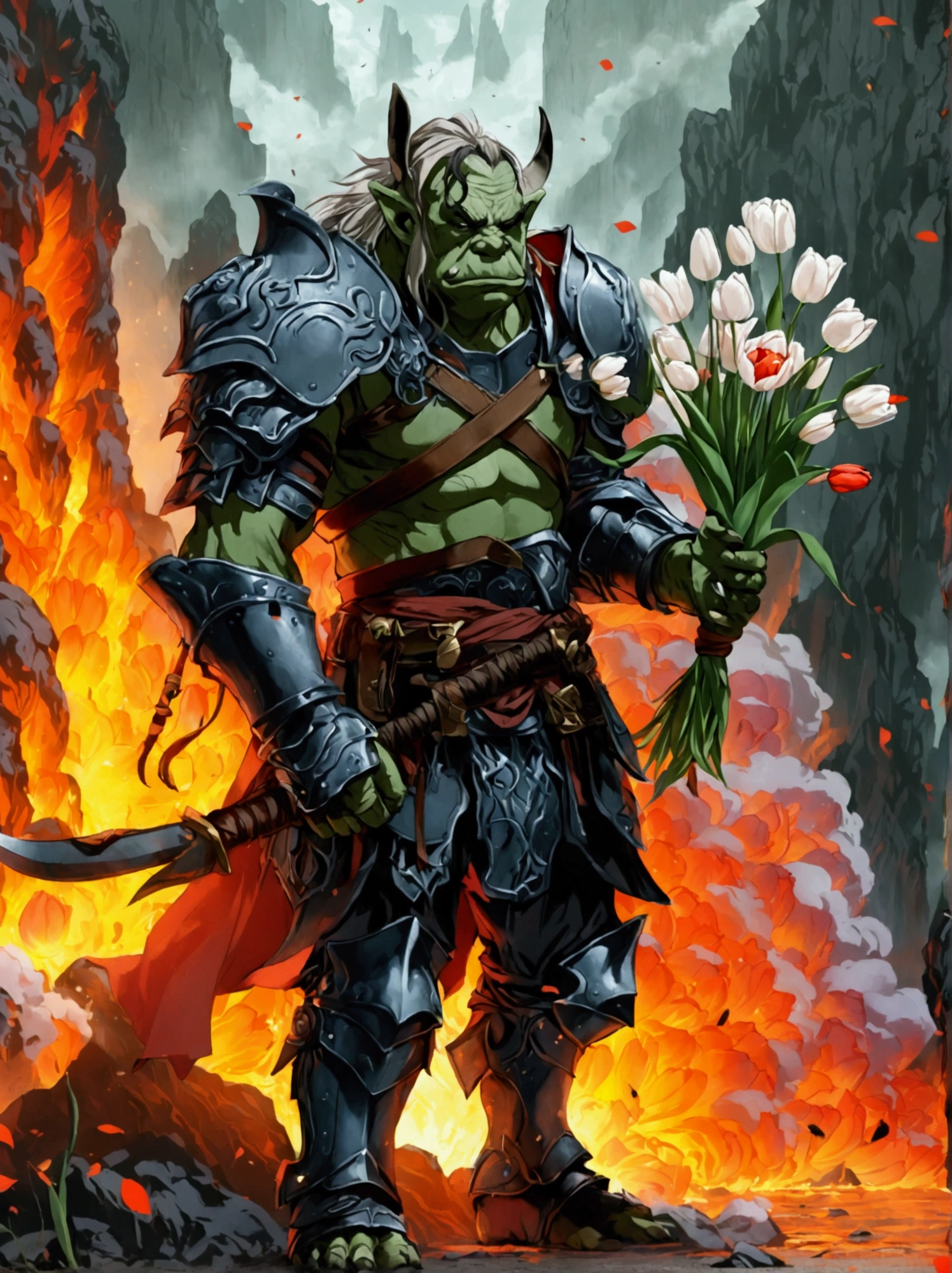 This is a scene from a fantasy world.，Depicts an orc warrior。He is muscular，green skin，Wearing heavy armor。((He holds a beautiful bouquet of tulips in his hands))，((Beautiful tulips))。He stood proudly in front of a turbulent volcanic backdrop，Surrounded by smoky plumes and hot lava particles。This picture should be designed in anime style，Includes vivid color contrasts and intricate details，This style was inspired by early Japanese animation。The name &quot;Soggo&quot; should be in an artistic anime-style font，Show it boldly