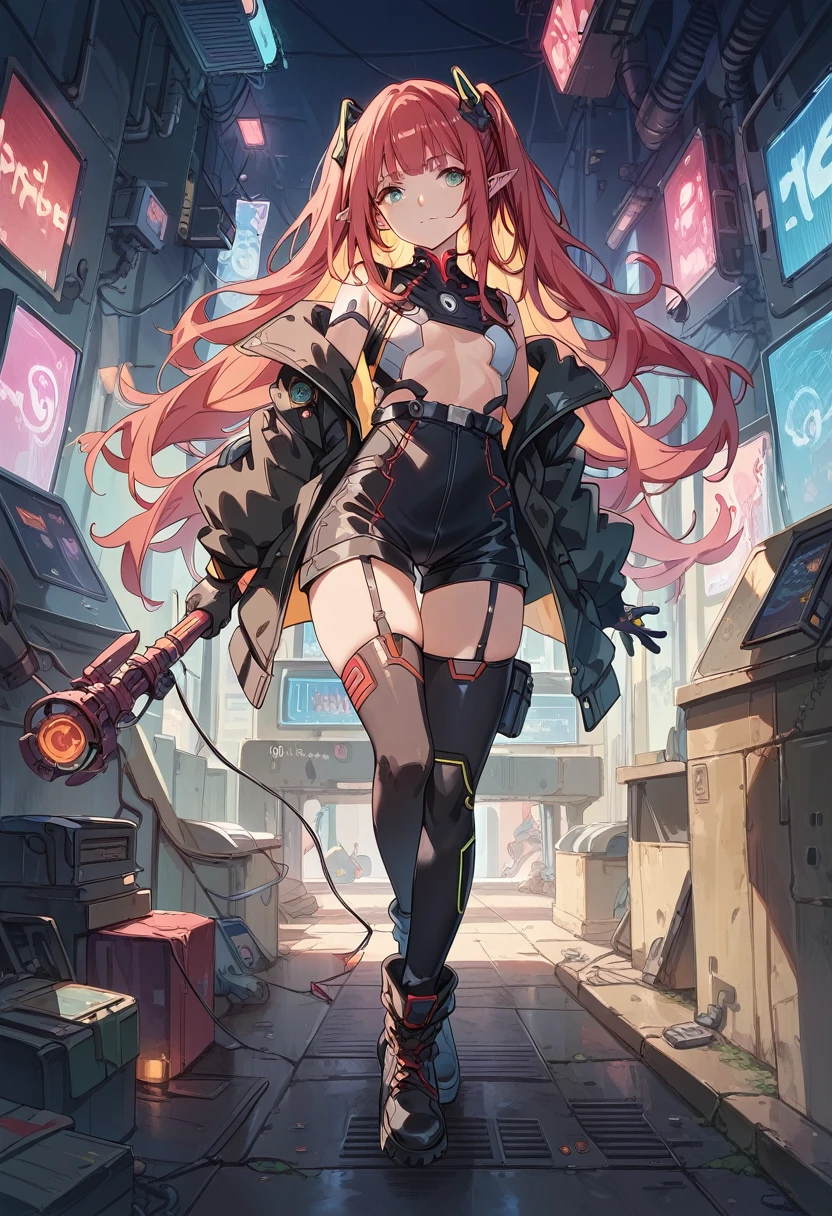 score_9, score_8_up, score_7_up, Cute Girl, elf, full body, Wizard, pointed ears, masterpiece,(bestquality),highlydetailed,ultra-detailed,
1 girl,(black and red tones),(mechanical),(cool),(biodesign),( biomechanics),long hair,(wires and tubes),(futuristic outfit),(leather jacket),(combat boots),(in a cyberpunk city with neon lights),(holding a magic staff)