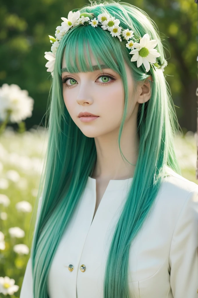 Green Hair White beauty Green Eyes Long Hair suit Flower Field Flowers on head