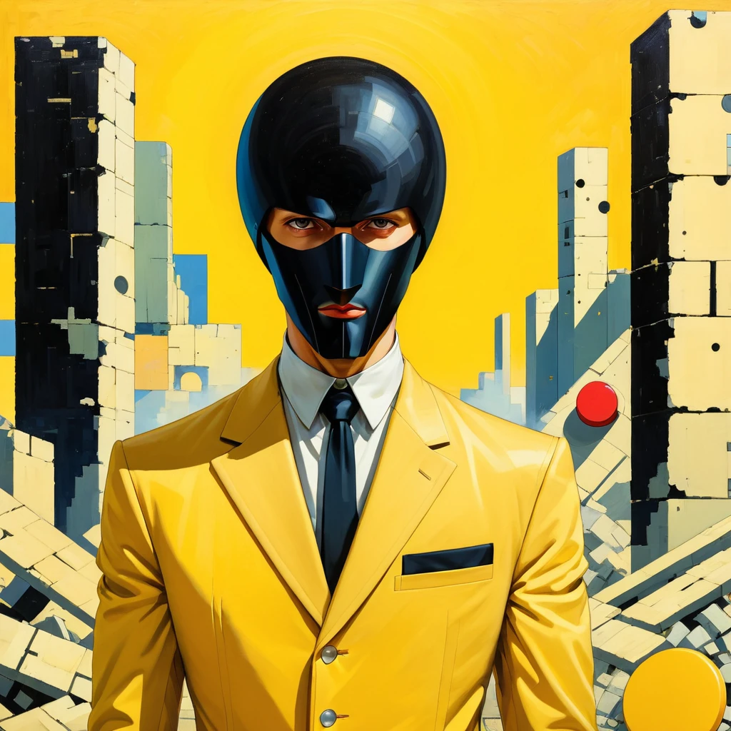 anime artwork in the style of Kazimir Malevich,Kazimir Malevich style,Kazimir Malevich art,Kazimir Malevich,Man in a yellow suit, inspired By Ivan Generali, Adrian Bolda, Highly conceptual figurative art, Saturn Button, By Ivan Generali, William H. Pongiluppi, frank moth, Masked man portrait,  Sergey Zabelin, By Santiago Martinez Delgado, Surreal black and yellow . Anime Style, Key Visual, Vibrant, Studio Anime,  Very detailed,The background is ruins