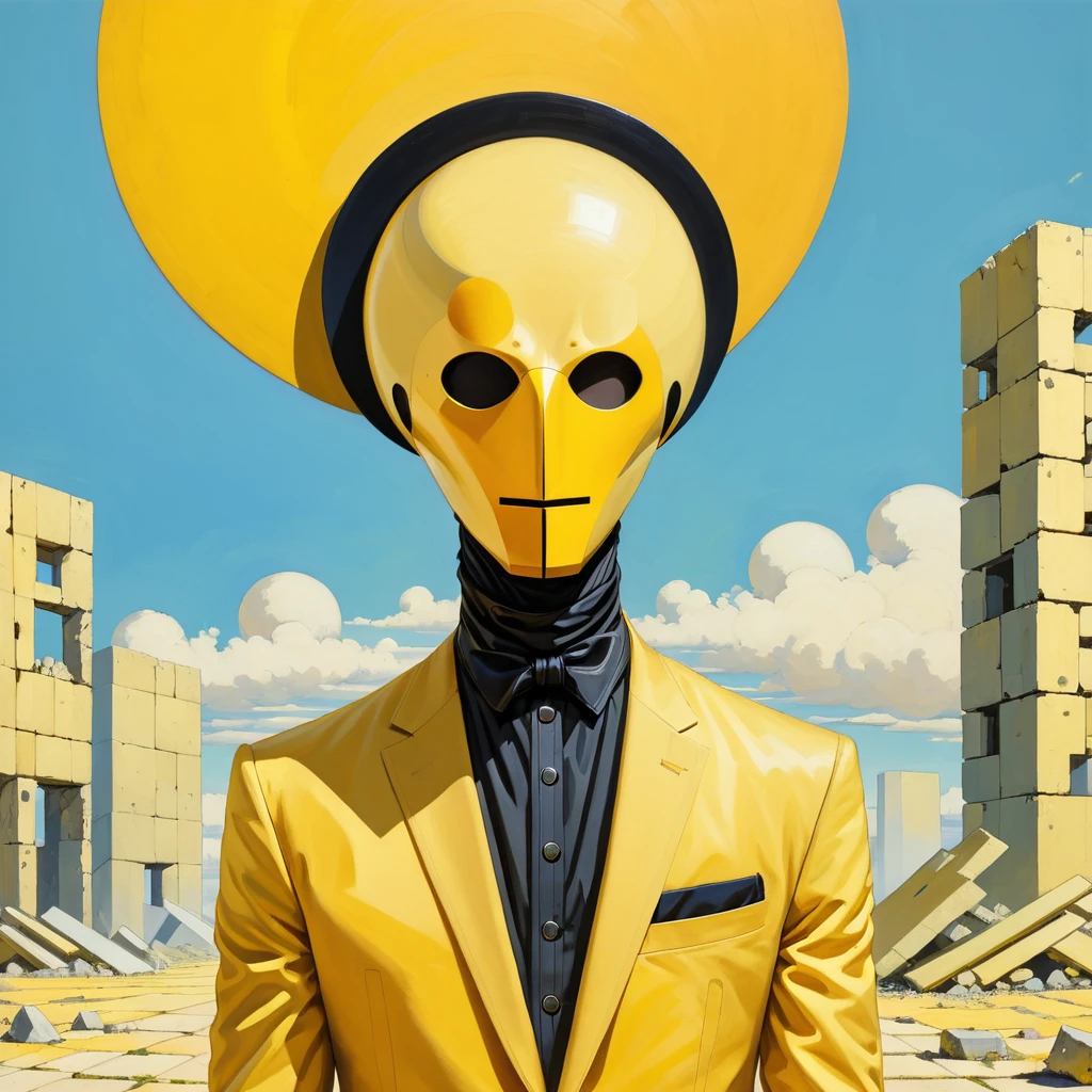 anime artwork in the style of Kazimir Malevich,Kazimir Malevich style,Kazimir Malevich art,Kazimir Malevich,Man in a yellow suit, inspired By Ivan Generali, Adrian Bolda, Highly conceptual figurative art, Saturn Button, By Ivan Generali, William H. Pongiluppi, frank moth, Masked man portrait,  Sergey Zabelin, By Santiago Martinez Delgado, Surreal black and yellow . Anime Style, Key Visual, Vibrant, Studio Anime,  Very detailed,The background is ruins