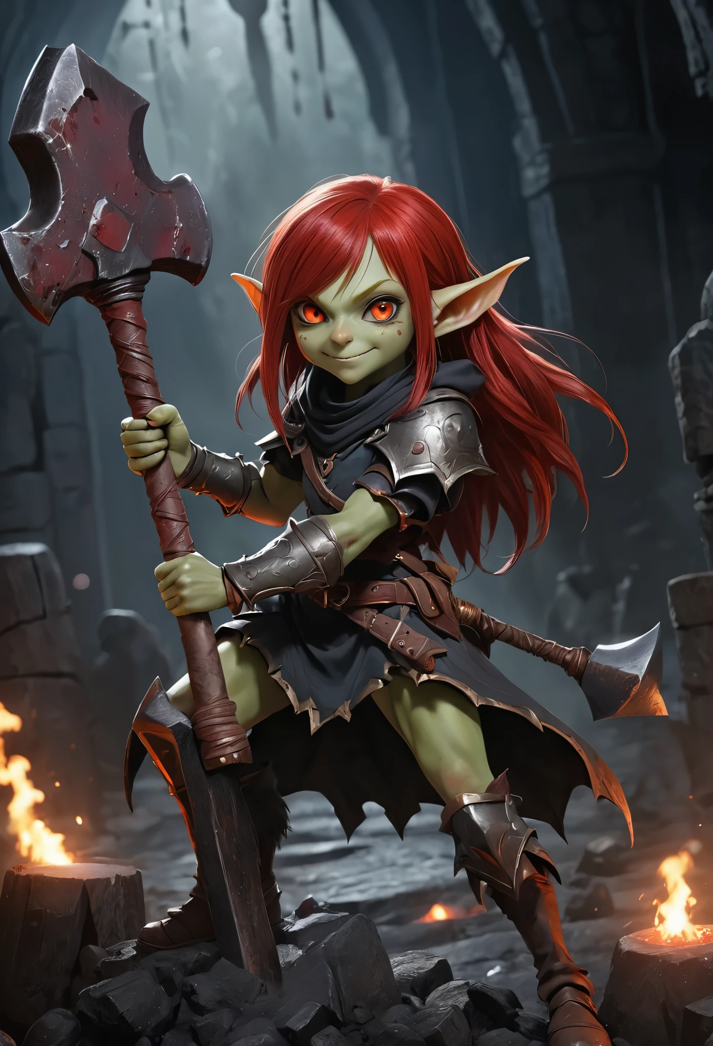 Realistic anime character, cute goblin femail, redhead, red eyes, full body portrait, holding a big hammer, little smile, in battle, dynamic composition, intricate gloomy background, dark fantasy style, dark arts, depth of field, blood of the enemies