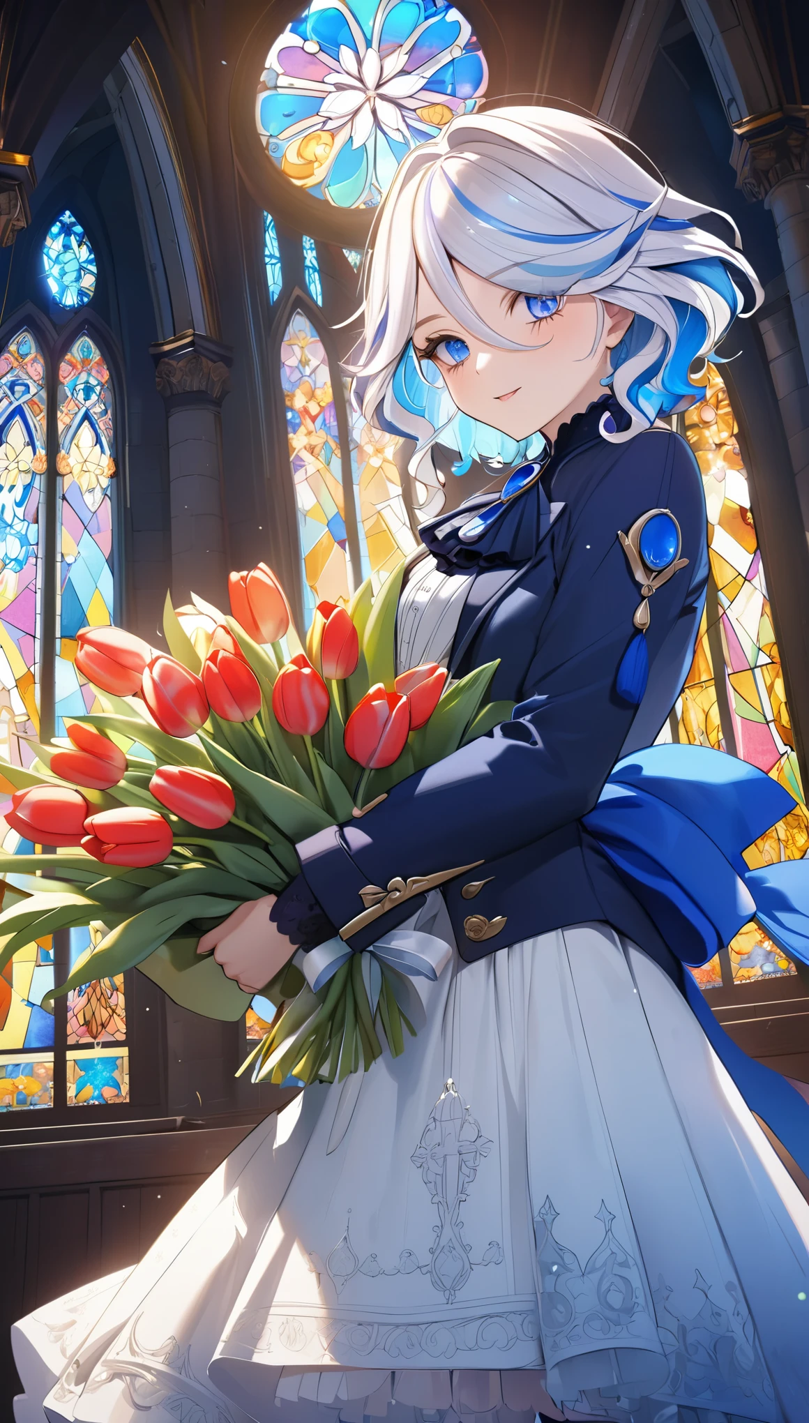 (8k, Highest quality, masterpiece: 1.2), (amime: 1.37), Very detailed, Close-up, (Genshin Furina holding a bouquet of tulips:1.2),, , , Small faint lights, night, , Intricate details, Splash screen, Gorgeous church, Stained glass