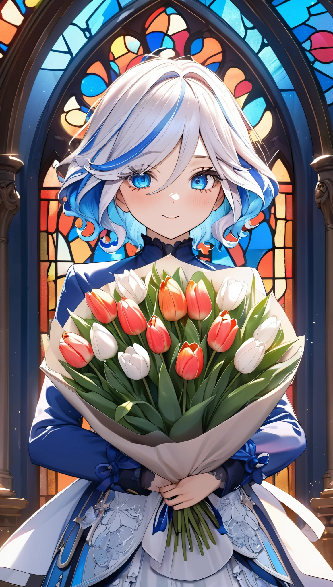 (8k, Highest quality, masterpiece: 1.2), (amime: 1.37), Very detailed, Close-up, (Genshin Furina holding a bouquet of tulips:1.2),, , , Small faint lights, night, , Intricate details, Splash screen, Gorgeous church, Stained glass