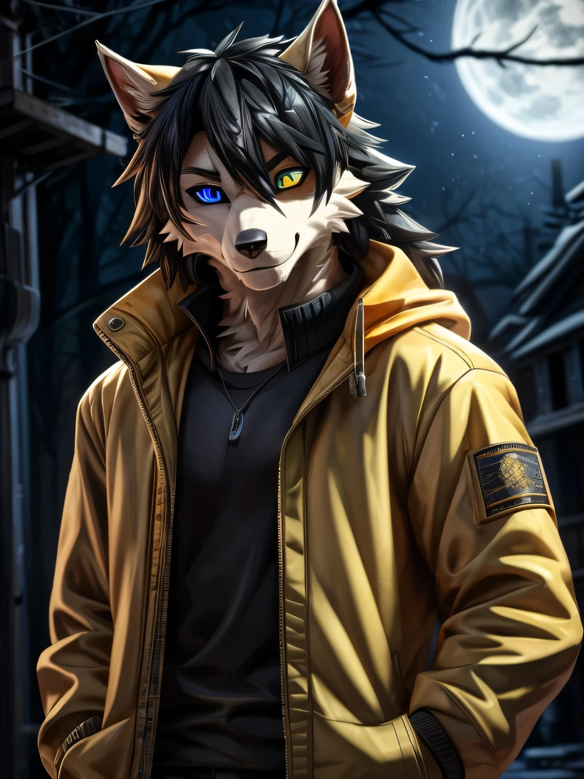 A werewolf, yellow jacket, hands in pockets, staring at another person, long black hair, heterochromic eyes, heterochromic eyes, heterochromic pupils, 8k resolution, very detailed, anatomically correct, digital painting, concept art, Makoto Shinkai style, clear picture,  