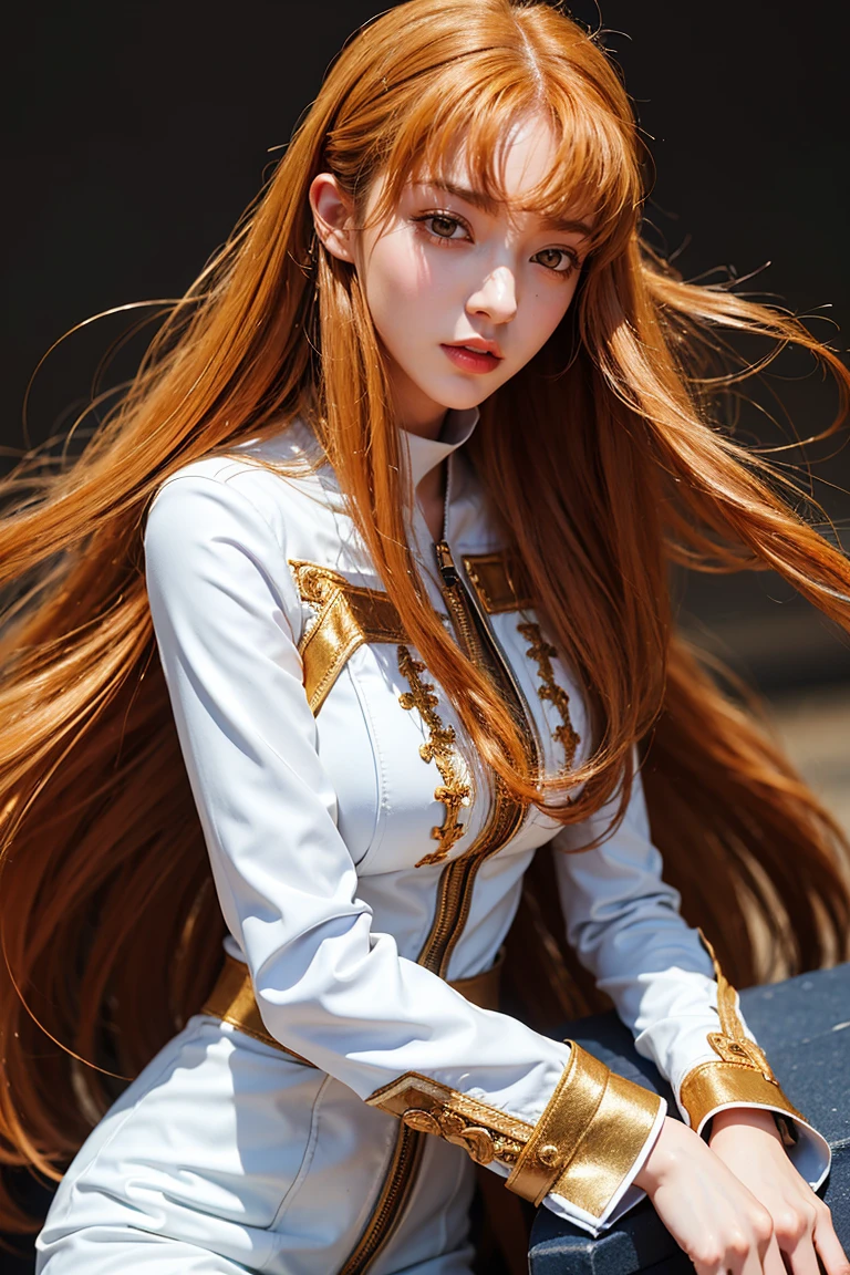 (((masterpiece+best quality+high resolution+ultra-detailed))), 1girl with clima-tact, Nami, long silky orange hair, high nose, sharp eyes, noble and inviolable temperament, (([female]: 1.2 + [beauty]: 1.2 + orange long hair: 1.2)), pirate ship background, blue sky, clouds, bracelets, white long sleeve mini dress and donned another belt, bright eyes, dynamic angle and posture.