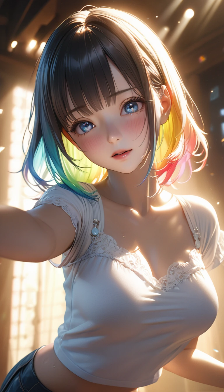 Masterpiece、最high quality、high quality、High definition、High resolution、High detail、Lens flare、Ray tracing method、high qualityの質感、high qualityの影、Beautiful details、Detailed and delicate、Detailed texture、Realistic facial expression、Realistic and colorful、Delicate、Cinematic Light、Side light、Sharp Focus、(1 woman:1.3)、(Intricate details、Makeup、Pure Eros Face_v1:0.5)、(Details Beautiful delicate face、Detailed beautiful delicate eyes、Perfect Facial Proportions、Detailed skin、Charm)、fancy hairstyles、Beautiful bangs、(Two-tone gradient hair color）、slender、(Upturned beautiful breasts)、Raise your arm and make a peace sign、(Detailed crotch、Showing off your crotch)、Female juice、(Experiencing the best orgasm)、(Light-colored V-cut、Light-colored thong)、(Thigh mini skirt、Low-rise mini skirt)、Front-button short-sleeve shirt、Crop top、(The wind blows and sways、 roll up)、Low-angle composition