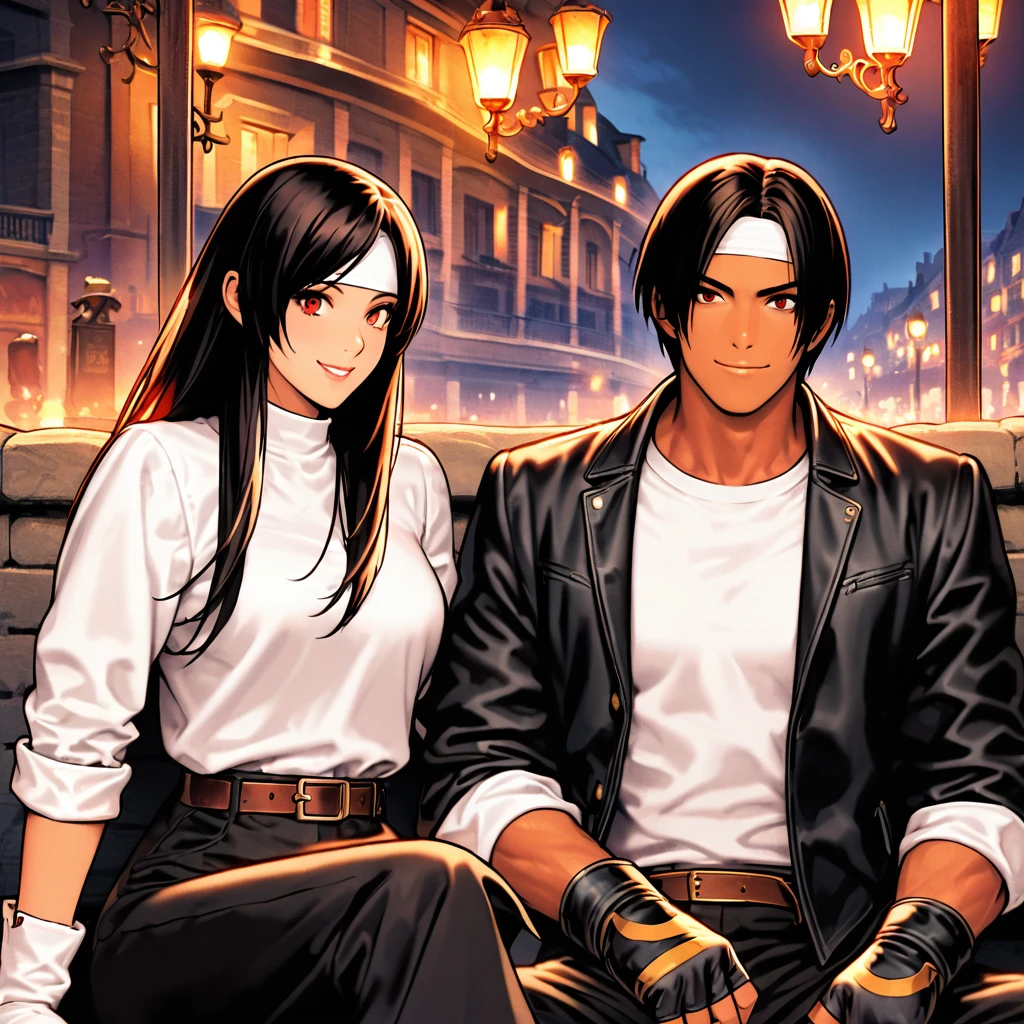 Orochikyo、Dark Skin、2 people、Red eyes、Black jacket(Rolled up sleeves)、Fingerless gloves、Black Hair、White T-shirt、((White headband))、Black pants、White shoes、Brown belt、good looking、shot、Charm、masterpiece、High resolution、Detailed face、Fine grain、night、Sky、A confident smile、Lover and the Promenade des Anglais、Dining outdoors、Drinking alcohol、Smiling man and woman、France、Talk face to face、Sit and cross your legs