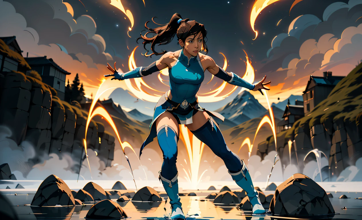 Artistic depiction of Korra, the protagonist from "Avatar: The Legend of Korra". She is a strong and confident young woman with striking blue eyes and dark brown hair tied back in a ponytail. Korra is wearing her traditional Water Tribe attire, featuring a blue sleeveless tunic, fur-lined boots, and arm guards. She stands in a dynamic pose, showcasing her mastery over the elements. Surround her with swirling elements of water, earth, fire, and air, each depicted with intricate textures and vibrant colors. A determined and focused expression, conveying her strength and leadership qualities. An ethereal landscape with a blend of icy tundra and lush forest, reflecting her Water Tribe heritage and connection to nature. Misty and mystical, with soft, diffused lighting that adds depth and a sense of magic to the scene. Dramatic and cinematic lighting, with high contrast between light and shadow. A subtle aurora borealis in the sky, casting a soft, colorful glow over the scene. Emphasize the texture of her clothing and the fluidity of the elements. Cool blues and greens, accented with warm oranges and reds for the fire element, creating a harmonious balance. A fusion of realism and fantasy, with a painterly touch that highlights the dynamic movement and energy of the scene.