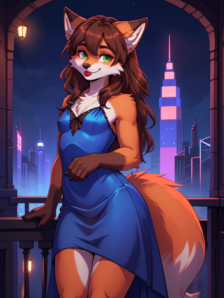 Best quality, furry male fox with green eyes, with brown long hair, with black spout, with red lipstick on lips, big lips, in a blue dress, crossdressing, smiles sweetly, shy, full face, sexy pose, stands seductively against the backdrop of the night city