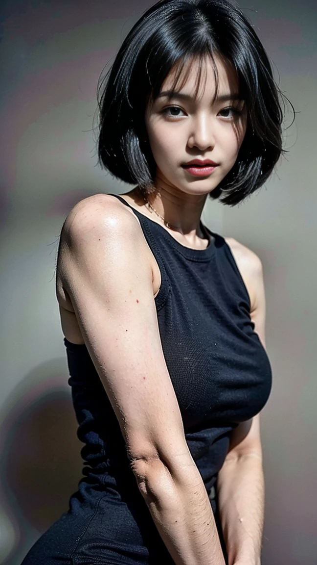 Realistic photos, 8k ,Handsome young Korean femboy with bob cut,(Ultra-realistic), (shape), (High resolution), (8k), (Very detailed), (Best shape), (Beautiful details), (Highest quality), (Very detailedな), (masterpiece), (wallpaper), (Detailed face), ((whole body)),alone,Black hair bob cut,Face is a girl,Man in black tank top, Transgender,Korean,Sweaty, big, (Camel Toe)
 , short hair , close