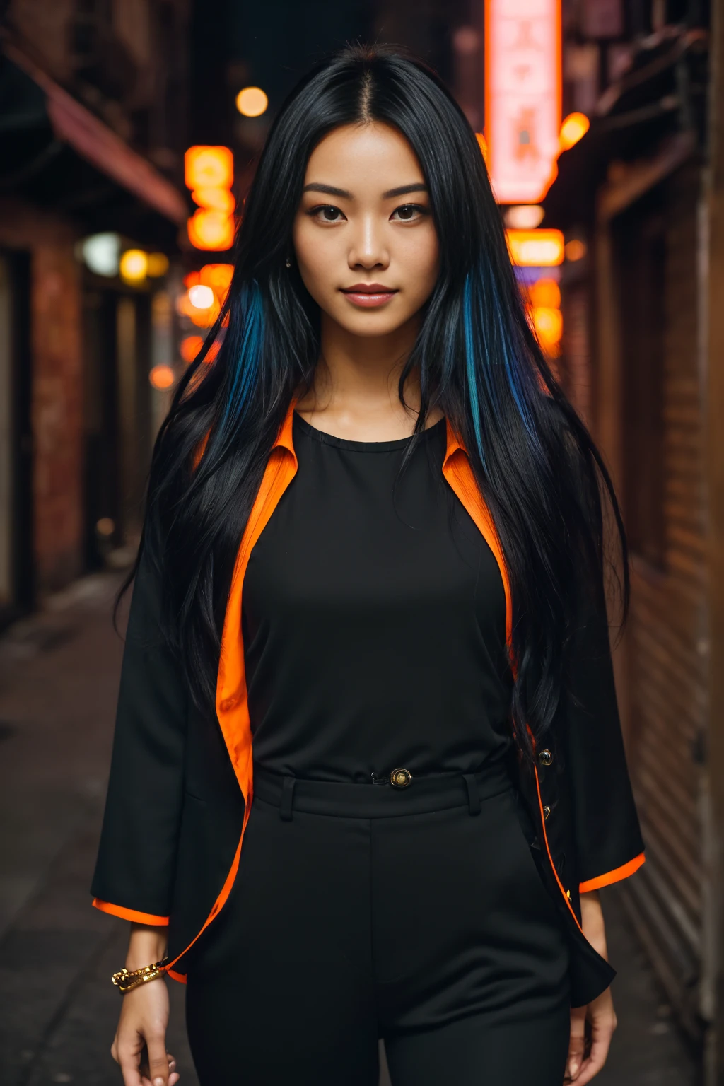 arafed woman with black hair , flowing pink hair, with black hair with blue highlights, photo of a beautiful woman, long flowing black hair, pink golden hour, curly black hair, beautiful young asian woman, beautiful asian woman, wild ginger hair, pink wispy hair, light black hair, a young asian woman, an asian woman, infp young woman, Portrait photo of a 24-year-old french girl in RAW UHD format (Black-eyed woman) Walk down the dark alley, night city, Details (textures! , Hair! , glistering, Color!! , imperfections: 1.1), highly detailed glossy eyes (looking at the camera), DSLR Lighting, SLR camera, Ultra-Quality, sharpness, Depth of field, Film grain (Downtown), Fujifilm XT3, Crystal clear, Frame Center, beatiful face, sharp-focus, neon lighting, bokeh (lit), day time, (open sky), detailed skin pores, oilly skin, suntan, Complex eye details, new york city, smiling, ((orange prison suit))