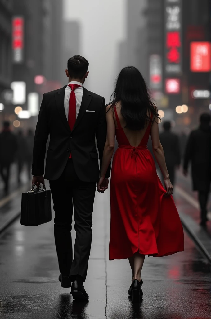 neo noir style scene with a man red tie and a woman red dress in walking down the street black and white background reds only ultra realistic 4k