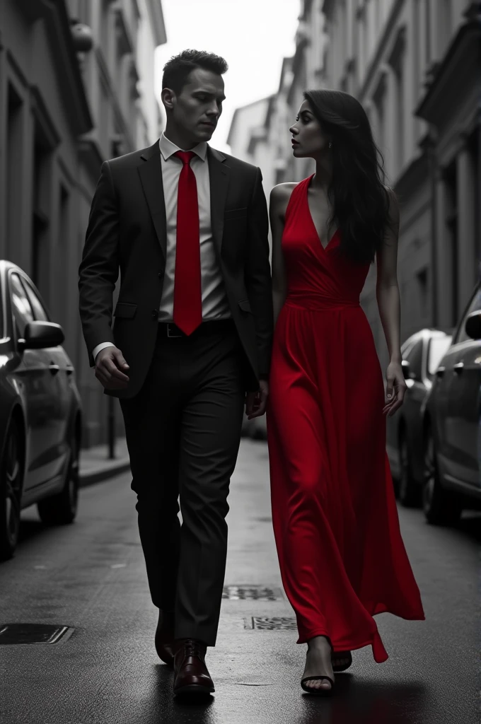 neo noir style scene with a man red tie and a woman red dress in walking down the street black and white background reds only ultra realistic 4k