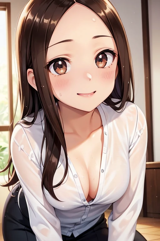 Takagi-san、Shiny brown hair, Straight Long Hair,((Medium chest、Forehead、Center part))、 Beautiful brown eyes、smile、Sparkling eyes, (fine grain)、Very fine eye、Highly detailed face, 非常にDetailed eyes, Cowboy Shot、


(high quality, High resolution, The finer details), On all fours, office lady, alone, Curvaceous mature woman,  Sparkling eyes, (Detailed eyes:1.2), smile, blush, Sweat, Oily skin, Soft tones, Shallow depth of field、