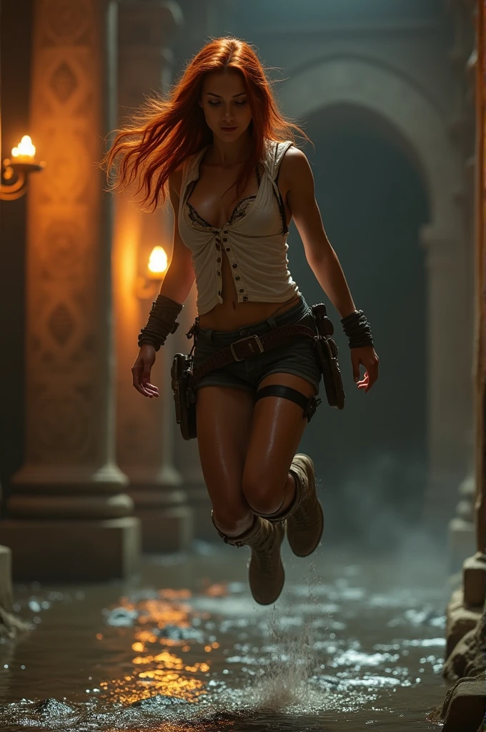 (full body shot:1) photorealistic image of a (jumping pose:1) woman, ultrarealistic, photography, long red hair, woman, 24 years old, hourglass figure, perfect body, Flirty look, natural medium breasts, blur background, Full body picture, Lara Croft costume with slightly shiny tanned skin dressed in a Lara Croft outfit, with a very ripped and torn blouse with a plunging neckline, pushed down over her right shoulder; stands in a dark room lit with flickering torches on the inside of a large Egyptian pyramid. Her skin and clothes are dirty with mud. A large dark menacing shadow moves in the background. She is jumping over a large and deep river to the other side. Sideview, side view, wide angle, wide shot, action shot, from the side