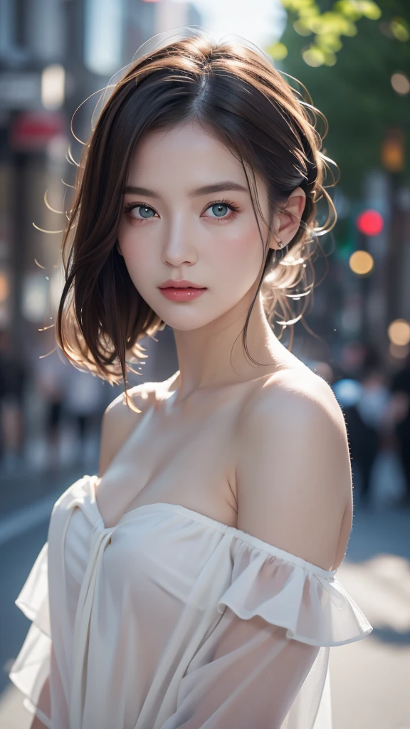 Best Quality, Masterpiece, High Resolution, 1girl, Porcelain Dress, Hair Accessories, Necklace, Jewelry, Pretty Face, On Body, middle breast, looking at viewer, Tyndall Effect, Realistic, Shadow Studio, Rim Lighting, Dual Tone Lighting, (High Detail Skins: 1.2), 8k UHD, dslr, soft light, high quality, volume light, sneak shot, photo, high resolution, 4k, 8k, background blur,