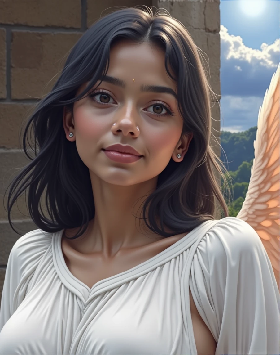 ((best quality)), ((masterpiece)), (detailed), realistic,nude Indian women angel ,30 year, wearing no cloths, nude, white wings large,seductive smile,rounded medium breasts,pale white skin,chubby, visible vagin, seductive smile, nude, Long flowing hair,alluring succubus, ethereal beauty, perched on a cloud, (fantasy illustration:1.3), enchanting gaze, captivating pose, delicate wings, otherworldly charm, mystical sky, (Luis Royo:1.2), (Yoshitaka Amano:1.1), moonlit night, soft colors, (detailed cloudscape:1.3), (high-resolution:1.2),standing in the bedroom