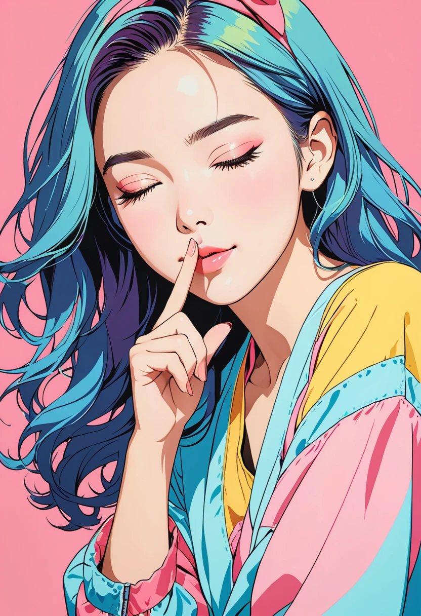 (masterpiece, best quality:1.1), (ultra highres, ultra-detailed:1.2),pop-art,(pastel color,flatcolor),girl doing hush pose,hush-hush,(index finger to her mouth),she has one eye closed,wink,(blink:1.2),simple background,minimal design,BREAK 15yo,french cutie,