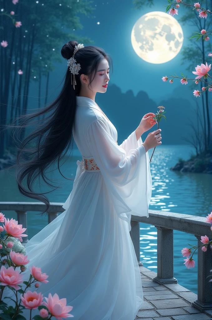On the night of the Tanabata Festival,A classical beauty stands under the moon。She was wearing a simple white dress,The skirt flutters in the wind,Like a fairy descending to earth。The skirt is embellished with delicate plum blossom embroidery,Revealing her elegance and gentleness。Her long black hair fell like a waterfall,Use a lily hairpin to gently pull up,A few strands of hair fluttering in the wind,Adds a touch of charm。
Her face is as beautiful as a flower,Skin as white as snow,Eyes as clear as water,Revealing endless tenderness and wisdom。She smiled slightly,The corners of my mouth are like buds about to bloom,Like a lotus under the moon。There is a trace of sadness between her eyebrows,As if missing a lover far away。
She stands on an old stone bridge,Water gurgles under the bridge,Reflecting her shadow。The bridge is lined with gorgeous flowers.,Floral fragrance overflowing,It seems to tell the beautiful legend of the Qixi Festival。In the sky,Twinkling stars,Milky Way Belt,Tell the story of the Cowherd and the Weaver Girl。
In hand,She gently holds a guqin,Gently flick your fingertips,The piano sounds melodious and graceful,Like crying,Telling her longing and expectation for love。Behind her,A bamboo forest can be vaguely seen,Bamboo leaves rustling in the wind,As if accompanying her piano。
This classical beauty,It's like a fairy in a picture,Fresh and refined,It's fascinating at first sight。Her beauty is not only in appearance,It's more about the deep affection and poetry,Just like the night of Qixi Festival,romantic and fantastic。