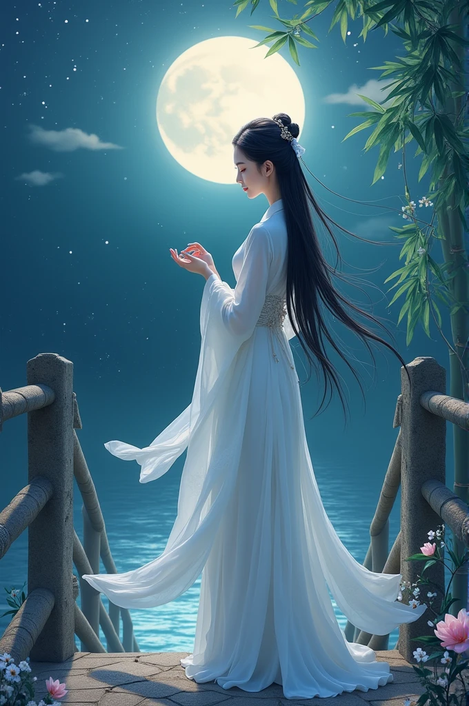 On the night of the Tanabata Festival,A classical beauty stands under the moon。She was wearing a simple white dress,The skirt flutters in the wind,Like a fairy descending to earth。The skirt is embellished with delicate plum blossom embroidery,Revealing her elegance and gentleness。Her long black hair fell like a waterfall,Use a lily hairpin to gently pull up,A few strands of hair fluttering in the wind,Adds a touch of charm。
Her face is as beautiful as a flower,Skin as white as snow,Eyes as clear as water,Revealing endless tenderness and wisdom。She smiled slightly,The corners of my mouth are like buds about to bloom,Like a lotus under the moon。There is a trace of sadness between her eyebrows,As if missing a lover far away。
She stands on an old stone bridge,Water gurgles under the bridge,Reflecting her shadow。The bridge is lined with gorgeous flowers.,Floral fragrance overflowing,It seems to tell the beautiful legend of the Qixi Festival。In the sky,Twinkling stars,Milky Way Belt,Tell the story of the Cowherd and the Weaver Girl。
In hand,She gently holds a guqin,Gently flick your fingertips,The piano sounds melodious and graceful,Like crying,Telling her longing and expectation for love。Behind her,A bamboo forest can be vaguely seen,Bamboo leaves rustling in the wind,As if accompanying her piano。
This classical beauty,It's like a fairy in a picture,Fresh and refined,It's fascinating at first sight。Her beauty is not only in appearance,It's more about the deep affection and poetry,Just like the night of Qixi Festival,romantic and fantastic。
