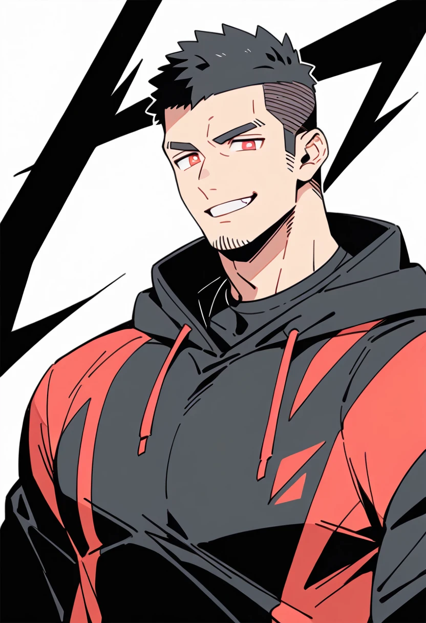 anime characters:Priapus, Black Black Skin Muscle Sports Student, Manliness, Buzz Cut,male focus, Sports tight hooded sweatshirt, Wear a high-necked tights underneath, Very tight, Huge pectoral muscles, muscular male, muscular, only, Upper body, alone, Red short hair, Thick eyebrows, Stubble, Brown-red pupils, White background, Solid color background, Clean background, simple background, amazing quality, best aesthetics, Ridiculous, crew cut, smirk, bright pupils, grin, negative space, negative space, best quality