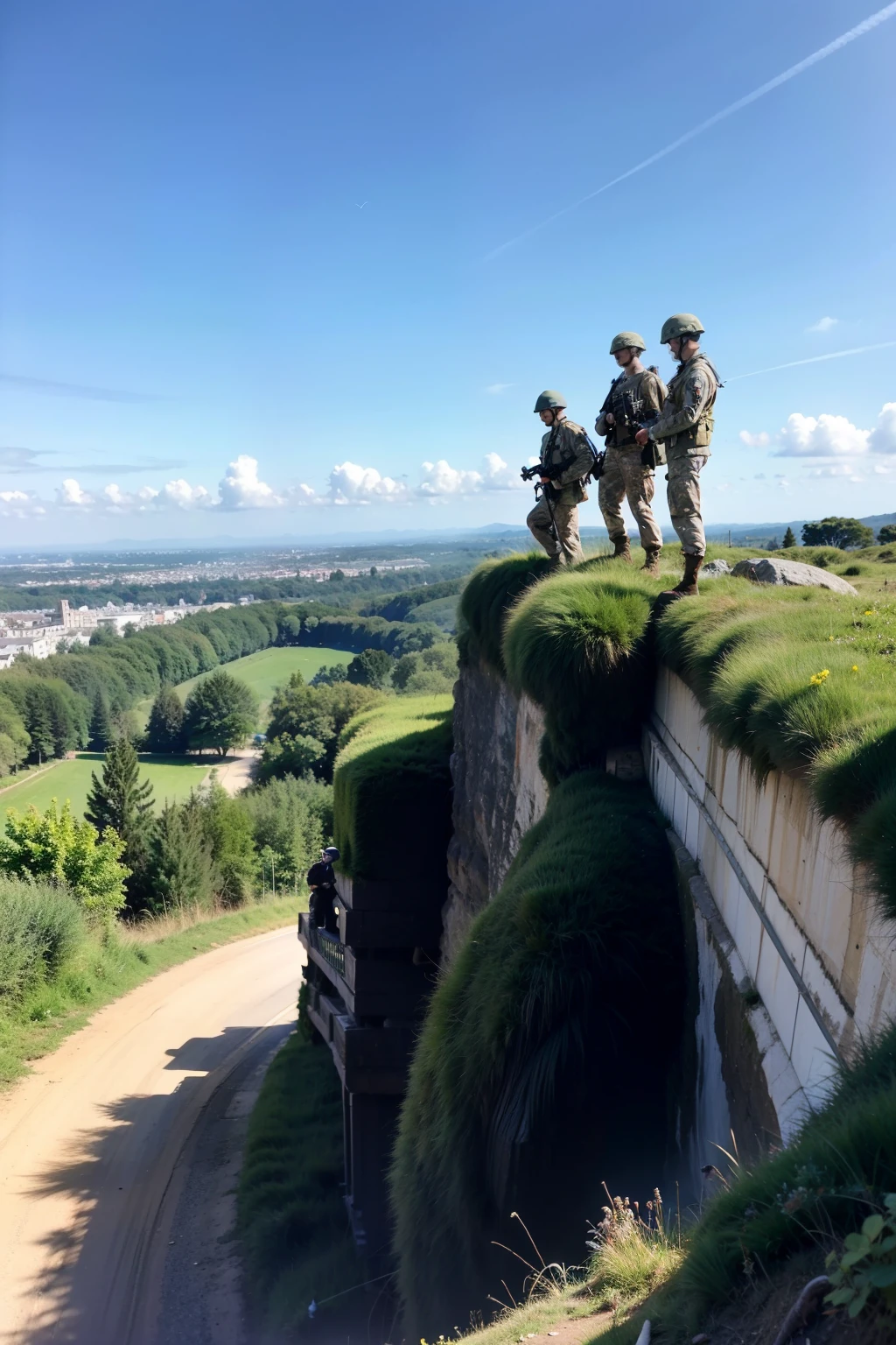 two soldiers at the top of a cliff in very good quality and a blue sky