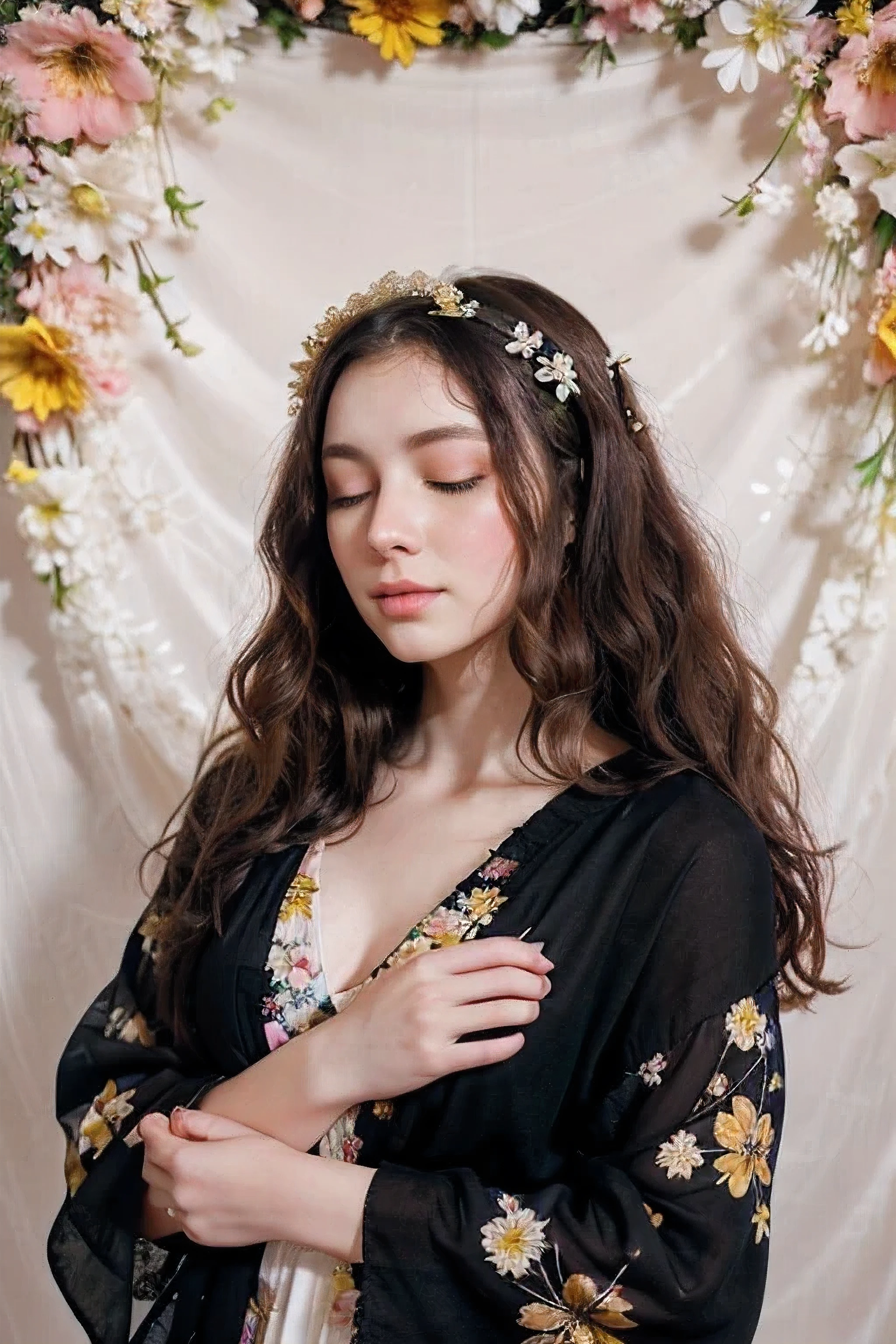 A woman with curly dark hair and closed eyes rests peacefully against a dark backdrop filled with colorful flowers. Her pale skin is highlighted by soft pink blush, and she wears a black garment adorned with intricate floral patterns. The vibrant blossoms, in shades of orange, yellow, and white, appear to float around her, creating a dreamy and harmonious atmosphere.