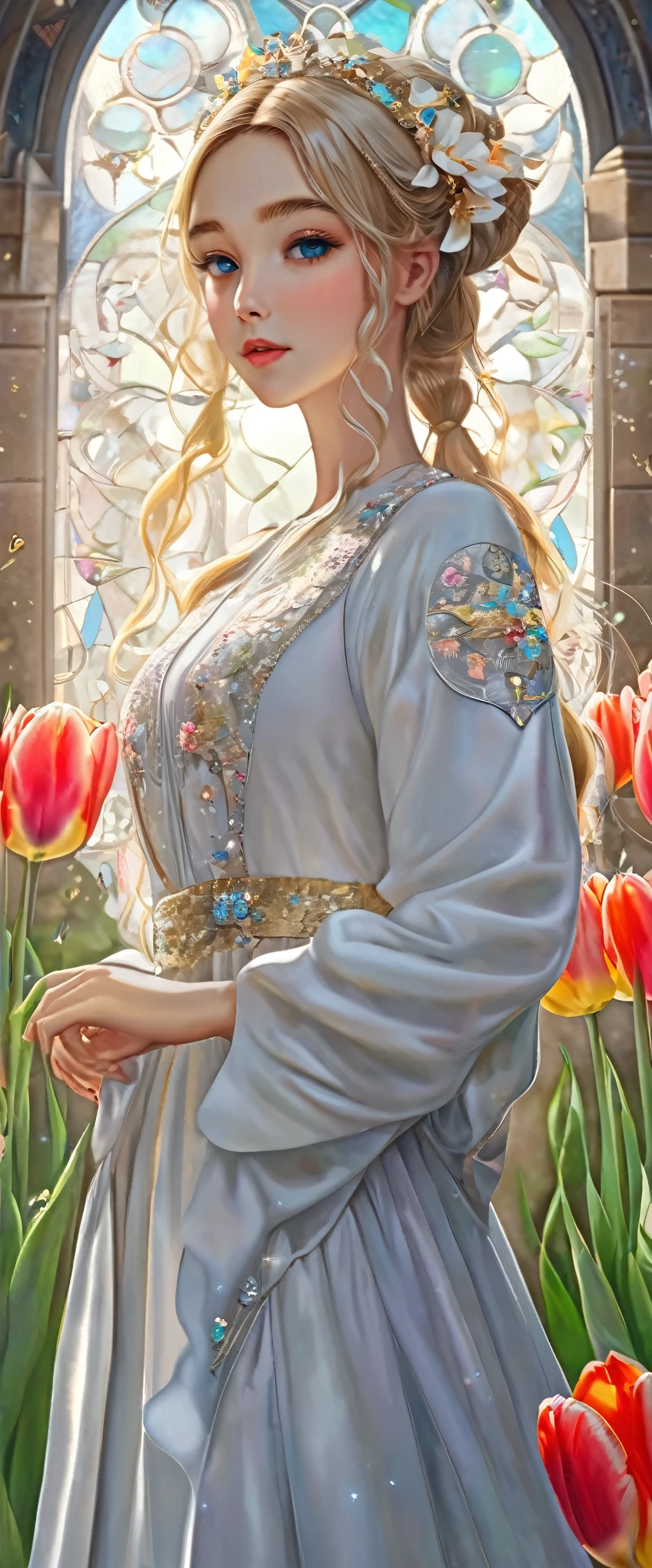 8k resolution, masterpiece, Highest quality, Award-winning works, unrealistic, sole Sexy lady, doaxvv_amy, healthy shaped body, 18-year-old, Height: 158cm, Her measurements are B/W55/H88, Blonde long hair, Twin ponytail, break, Mysterious big blue eyes, Standard nose, eyeliner, Pink Lips,  hair band, super huge bouncing busts, Sexy, Beautiful Skin, A pure white school dress with a complex structure, royal coat of arms, elegant, Very detailed, Digital Painting, artステーションコンセプトart, Smooth, Sharp focus, shape, artジャム、Greg Rutkowski、Alphonse Mucha、William Adolphe Bouguereau、art：Stephanie Law , Royal Jewel, nature, Full Shot, Symmetric, Greg Rutkowski, Charlie Bowwater, beep, Unreal 5, Surreal, Dynamic Lighting, ファンタジーart, Complex colors, Colorful magic circle, flash, dynamic Sexy poses, A kind smile, Mysterious Background, aura, A gentle gaze, break, Small faint lights and flying fireflies, night, lanthanum, (Tulip bouquet:1.3)