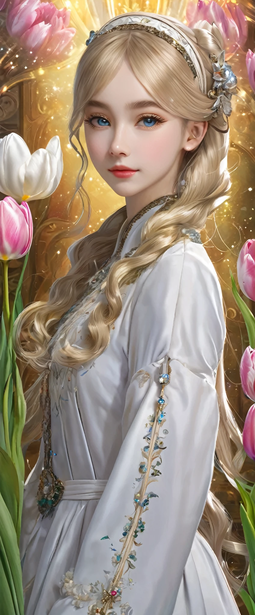 8k resolution, masterpiece, Highest quality, Award-winning works, unrealistic, sole Sexy lady, doaxvv_amy, healthy shaped body, 18-year-old, Height: 158cm, Her measurements are B/W55/H88, Blonde long hair, Twin ponytail, break, Mysterious big blue eyes, Standard nose, eyeliner, Pink Lips,  hair band, super huge bouncing busts, Sexy, Beautiful Skin, A pure white school dress with a complex structure, royal coat of arms, elegant, Very detailed, Digital Painting, artステーションコンセプトart, Smooth, Sharp focus, shape, artジャム、Greg Rutkowski、Alphonse Mucha、William Adolphe Bouguereau、art：Stephanie Law , Royal Jewel, nature, Full Shot, Symmetric, Greg Rutkowski, Charlie Bowwater, beep, Unreal 5, Surreal, Dynamic Lighting, ファンタジーart, Complex colors, Colorful magic circle, flash, dynamic Sexy poses, A kind smile, Mysterious Background, aura, A gentle gaze, break, Small faint lights and flying fireflies, night, lanthanum, (Tulip bouquet:1.3)