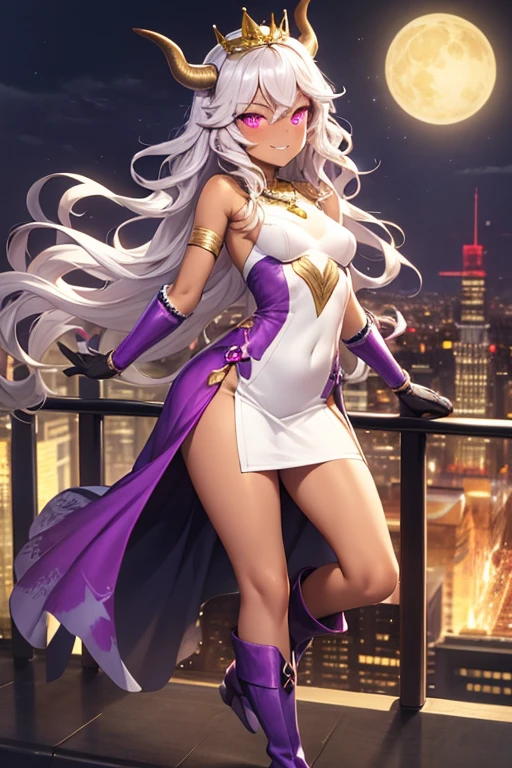 ((best quality)), ((masterpiece)), (detailed), 1 girl, full body, 20s, brown skin, african american, flirty face, young adult, evil smile, pink eyes, moons in eyes, black sclera, albino hair, somewhat wavy hair, long hair, bangs, blushing, medium breasts, small braid, gold necklace, crown with very small horns, white and purple sorceress dress, bare arms, cloth on arms, seductive legs, purple boots, fan, golden wristbands, purple gloves, city background, magic, anime