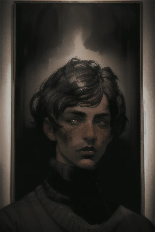 portrait of a man, brunette skin, dark messy hair, dark lips, black knitted sweater, complex background, dieselpunk Egypt, detailed, high contrast, best shadow, cinematic lighting, masterpiece, dynamic pose, rough brush strokes, cinematic, dramatic light, intricate, acrylic painting, art by Marko Djurdjevic, 