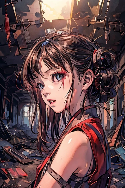 Highest quality、masterpiece、High sensitivity、High resolution、Detailed Description、Slender women、tooth、Dracula、Blood from the mouth、eyes bright red、In a classroom in ruins、