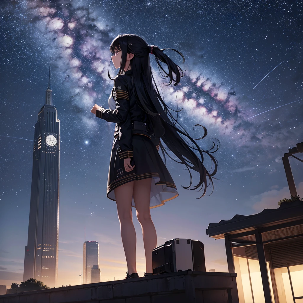 Octane, null, star (null), scenery, starry null, night, One girl, night null, alone, Outdoor, building, cloud, milky way, Sitting, wood, Long Hair, city, silhouette, cityscape、beautiful girl、Swaying hair、Sparkling