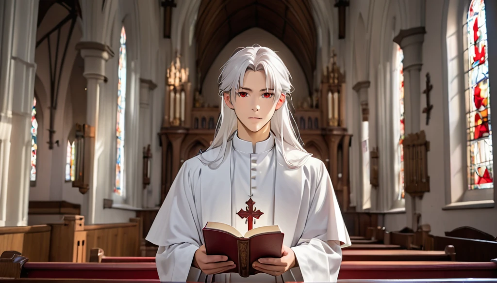 A priest has long white hair, with two bangs. He has red eyes and wears a typical priest's outfit. He is a young man, holding a bible, standing in church.