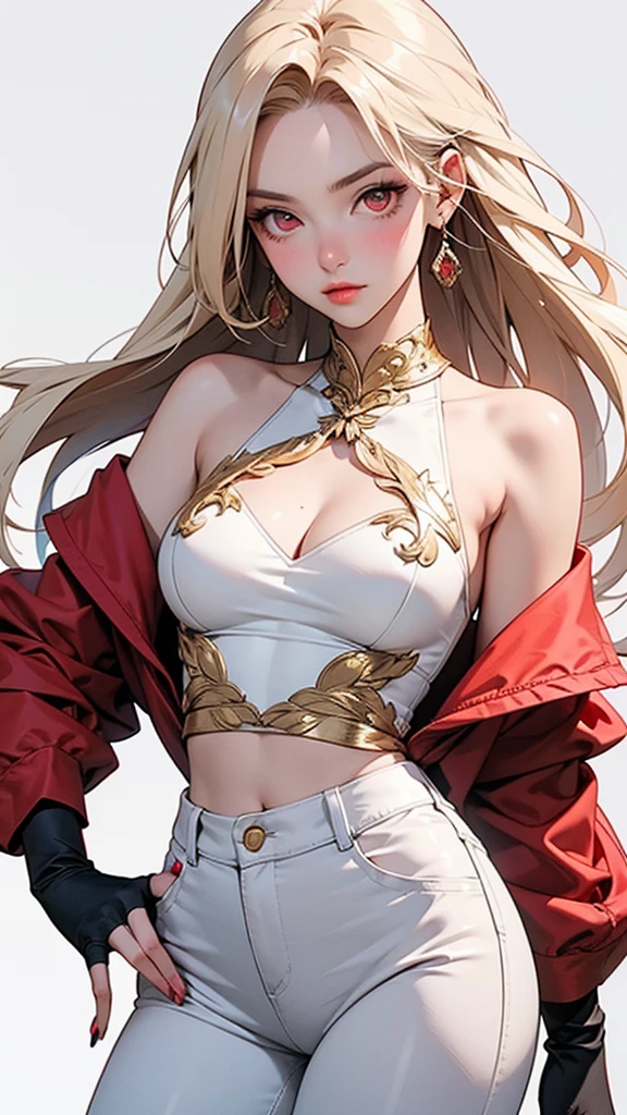A detailed anime-style illustration. Young woman with long, flowing platinum blonde hair. Intense and captivating expression with piercing red eyes. Slight blush on her cheeks. Wearing a form-fitting, elegant white outfit with intricate golden patterns. The outfit includes a backless top with long sleeves and high-waisted pants. Black, elbow-length gloves. She is holding a red dagger in her right hand, which is positioned near her hip. Her left hand is relaxed by her side. Posing with her body slightly turned, looking over her shoulder. Her stance is confident and poised. Large red earrings that match her eyes. Overall, the appearance is fierce and elegant, with a strong emphasis on the intricate details and glowing elements of the clothing.