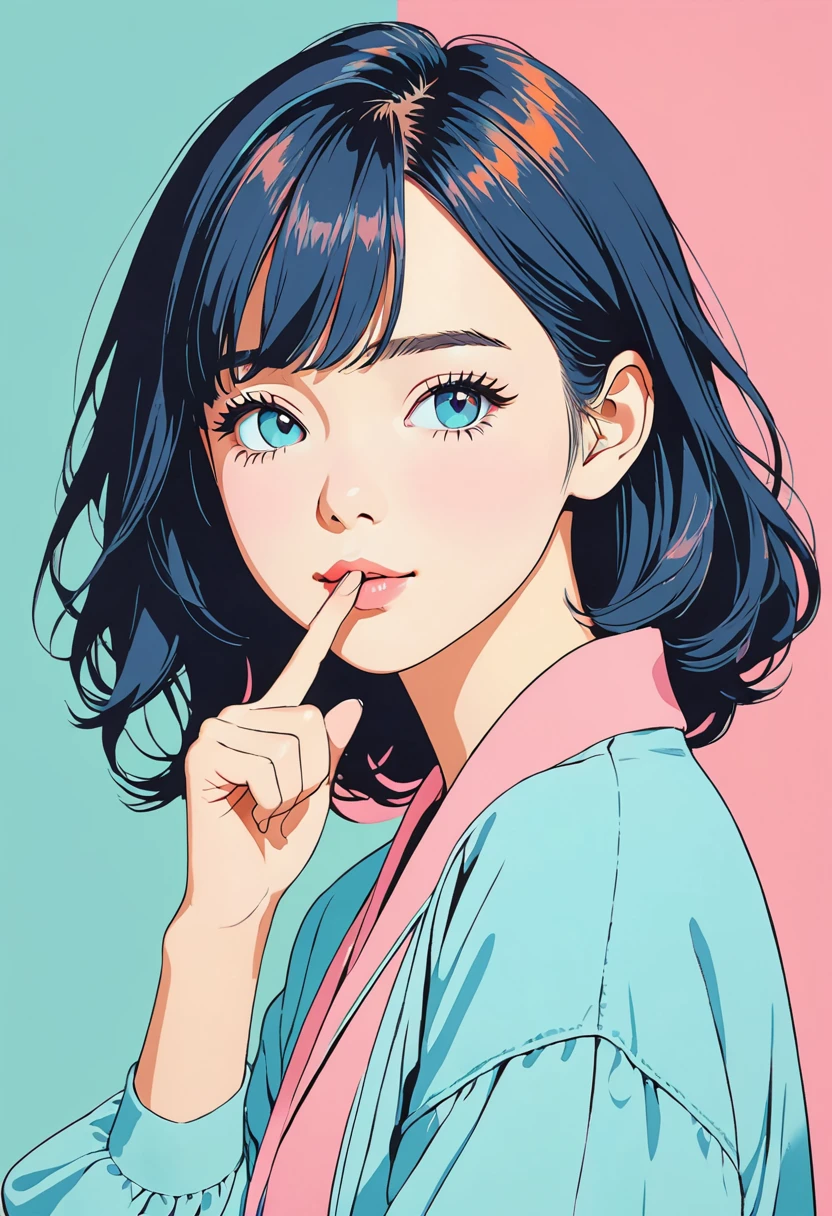 (masterpiece, best quality:1.1), (ultra highres, ultra-detailed:1.2),pop-art,(pastel color,flatcolor),girl doing hush pose,hush-hush,(index finger to her mouth),she has one eye closed,wink,(blink:1.2),simple background,minimal design,BREAK ,german cutie,
